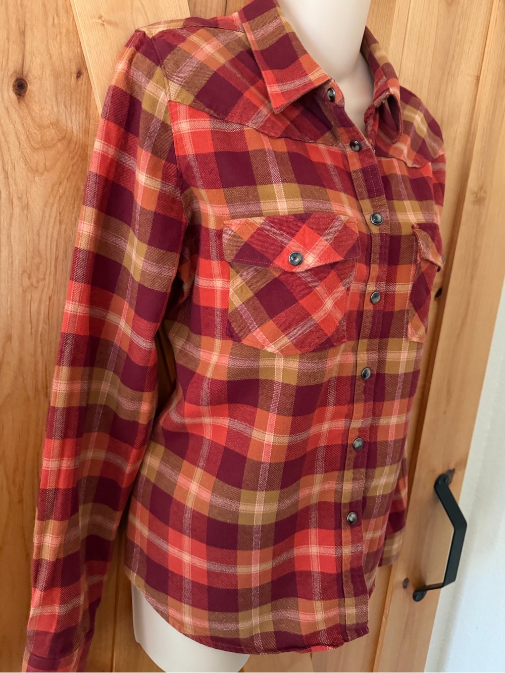 Shyanne Western Cowgirl Plaid Flannel Shirt Red Orange Pearl Snap Shirt Cotton L - Picture 5 of 11